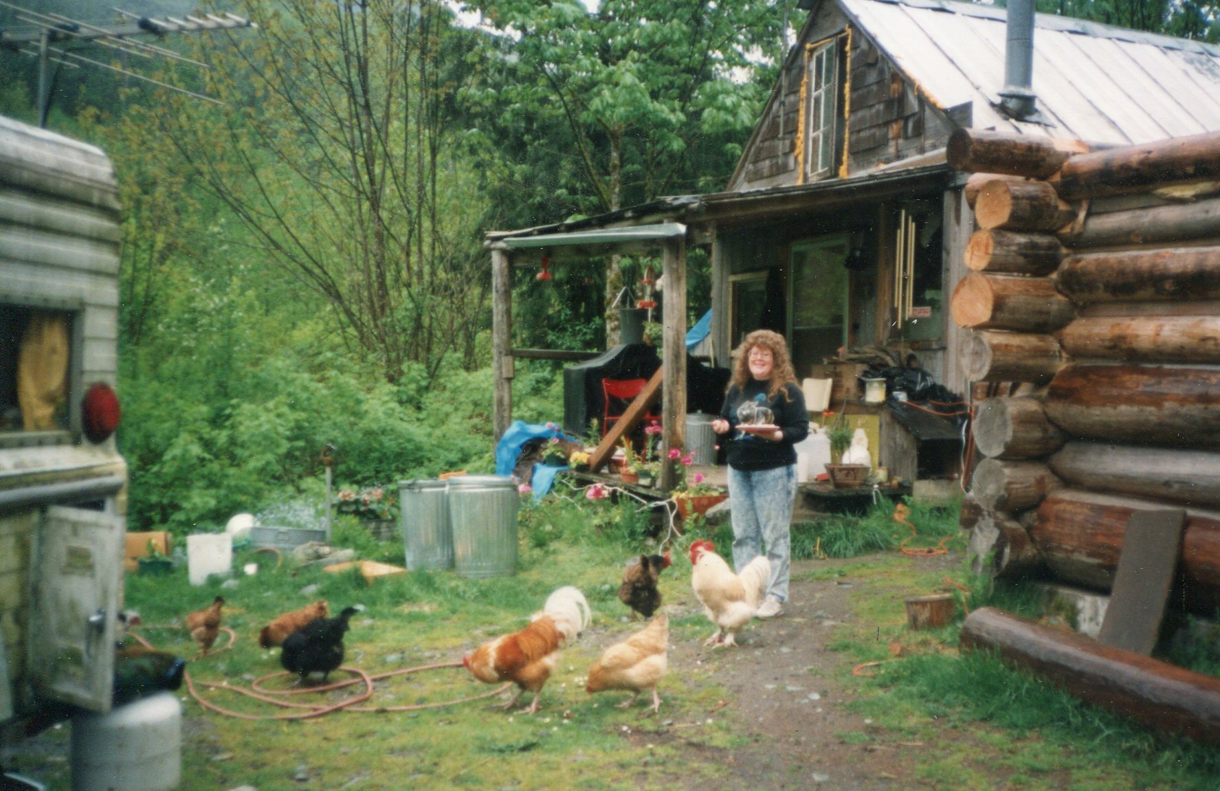 Lisa with white Bear & chickens